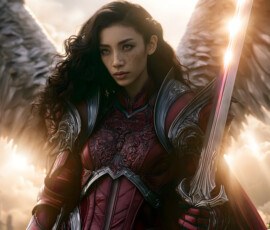 AI-generated holy archangel art — beautiful divine female angels with massive feathered wings and golden halos in cinematic celestial settings. UHD by Jeff Dupler.