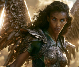 AI-generated holy archangel art — beautiful divine female angels with massive feathered wings and golden halos in cinematic celestial settings. UHD by Jeff Dupler.