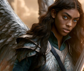 AI-generated holy archangel art — beautiful divine female angels with massive feathered wings and golden halos in cinematic celestial settings. UHD by Jeff Dupler.