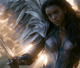 AI-generated holy archangel art — beautiful divine female angels with massive feathered wings and golden halos in cinematic celestial settings. UHD by Jeff Dupler.