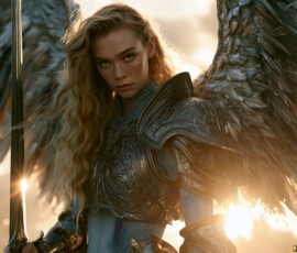 AI-generated holy archangel art — beautiful divine female angels with massive feathered wings and golden halos in cinematic celestial settings. UHD by Jeff Dupler.
