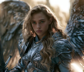 AI-generated holy archangel art — beautiful divine female angels with massive feathered wings and golden halos in cinematic celestial settings. UHD by Jeff Dupler.