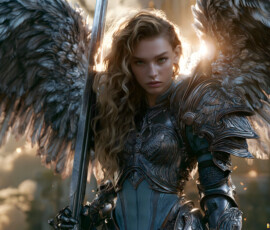 AI-generated holy archangel art — beautiful divine female angels with massive feathered wings and golden halos in cinematic celestial settings. UHD by Jeff Dupler.