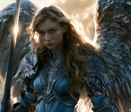 AI-generated holy archangel art — beautiful divine female angels with massive feathered wings and golden halos in cinematic celestial settings. UHD by Jeff Dupler.