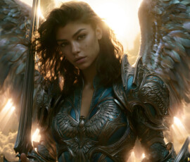 AI-generated holy archangel art — beautiful divine female angels with massive feathered wings and golden halos in cinematic celestial settings. UHD by Jeff Dupler.