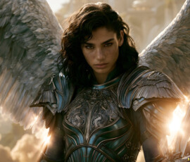 AI-generated holy archangel art — beautiful divine female angels with massive feathered wings and golden halos in cinematic celestial settings. UHD by Jeff Dupler.