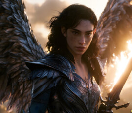 AI-generated holy archangel art — beautiful divine female angels with massive feathered wings and golden halos in cinematic celestial settings. UHD by Jeff Dupler.