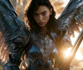AI-generated holy archangel art — beautiful divine female angels with massive feathered wings and golden halos in cinematic celestial settings. UHD by Jeff Dupler.