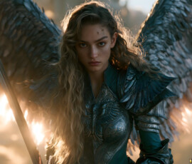 AI-generated holy archangel art — beautiful divine female angels with massive feathered wings and golden halos in cinematic celestial settings. UHD by Jeff Dupler.