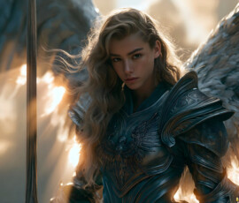 AI-generated holy archangel art — beautiful divine female angels with massive feathered wings and golden halos in cinematic celestial settings. UHD by Jeff Dupler.
