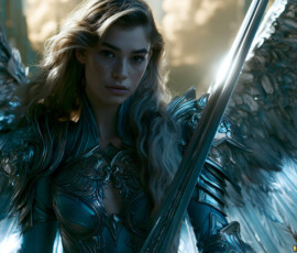 AI-generated holy archangel art — beautiful divine female angels with massive feathered wings and golden halos in cinematic celestial settings. UHD by Jeff Dupler.