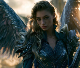 AI-generated holy archangel art — beautiful divine female angels with massive feathered wings and golden halos in cinematic celestial settings. UHD by Jeff Dupler.