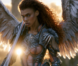 AI-generated holy archangel art — beautiful divine female angels with massive feathered wings and golden halos in cinematic celestial settings. UHD by Jeff Dupler.