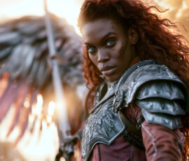 AI-generated holy archangel art — beautiful divine female angels with massive feathered wings and golden halos in cinematic celestial settings. UHD by Jeff Dupler.