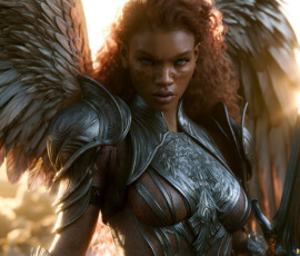AI-generated holy archangel art — beautiful divine female angels with massive feathered wings and golden halos in cinematic celestial settings. UHD by Jeff Dupler.