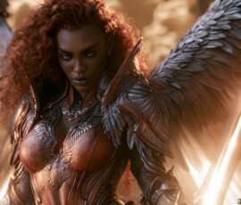 AI-generated holy archangel art — beautiful divine female angels with massive feathered wings and golden halos in cinematic celestial settings. UHD by Jeff Dupler.
