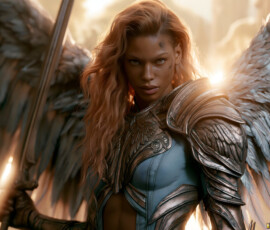 AI-generated holy archangel art — beautiful divine female angels with massive feathered wings and golden halos in cinematic celestial settings. UHD by Jeff Dupler.