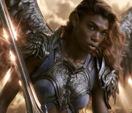 AI-generated holy archangel art — beautiful divine female angels with massive feathered wings and golden halos in cinematic celestial settings. UHD by Jeff Dupler.