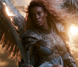 AI-generated holy archangel art — beautiful divine female angels with massive feathered wings and golden halos in cinematic celestial settings. UHD by Jeff Dupler.