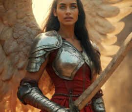 AI-generated holy archangel art — beautiful divine female angels with massive feathered wings and golden halos in cinematic celestial settings. UHD by Jeff Dupler.