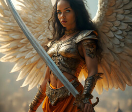 AI-generated holy archangel art — beautiful divine female angels with massive feathered wings and golden halos in cinematic celestial settings. UHD by Jeff Dupler.