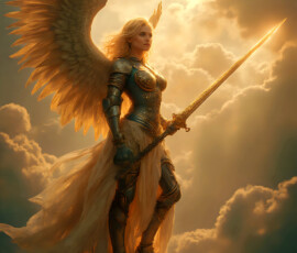 AI-generated holy archangel art — beautiful divine female angels with massive feathered wings and golden halos in cinematic celestial settings. UHD by Jeff Dupler.