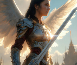 AI-generated holy archangel art — beautiful divine female angels with massive feathered wings and golden halos in cinematic celestial settings. UHD by Jeff Dupler.