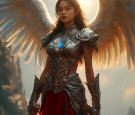 AI-generated holy archangel art — beautiful divine female angels with massive feathered wings and golden halos in cinematic celestial settings. UHD by Jeff Dupler.