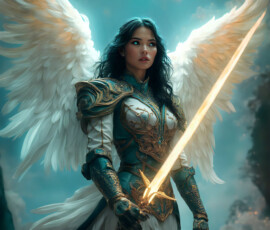 AI-generated holy archangel art — beautiful divine female angels with massive feathered wings and golden halos in cinematic celestial settings. UHD by Jeff Dupler.