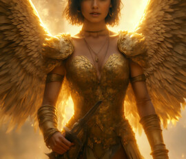 AI-generated holy archangel art — beautiful divine female angels with massive feathered wings and golden halos in cinematic celestial settings. UHD by Jeff Dupler.