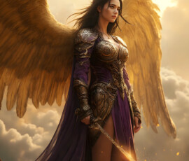 AI-generated holy archangel art — beautiful divine female angels with massive feathered wings and golden halos in cinematic celestial settings. UHD by Jeff Dupler.