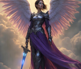 AI-generated holy archangel art — beautiful divine female angels with massive feathered wings and golden halos in cinematic celestial settings. UHD by Jeff Dupler.