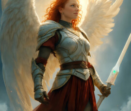 AI-generated holy archangel art — beautiful divine female angels with massive feathered wings and golden halos in cinematic celestial settings. UHD by Jeff Dupler.