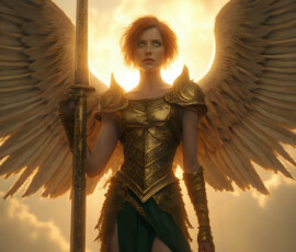 AI-generated holy archangel art — beautiful divine female angels with massive feathered wings and golden halos in cinematic celestial settings. UHD by Jeff Dupler.