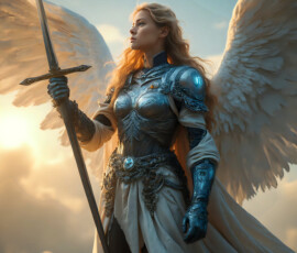 AI-generated holy archangel art — beautiful divine female angels with massive feathered wings and golden halos in cinematic celestial settings. UHD by Jeff Dupler.