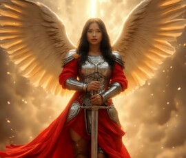 AI-generated holy archangel art — beautiful divine female angels with massive feathered wings and golden halos in cinematic celestial settings. UHD by Jeff Dupler.