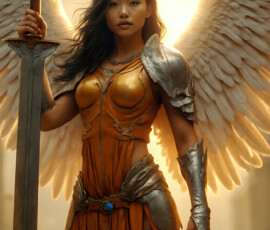 AI-generated holy archangel art — beautiful divine female angels with massive feathered wings and golden halos in cinematic celestial settings. UHD by Jeff Dupler.