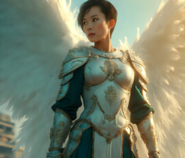 AI-generated holy archangel art — beautiful divine female angels with massive feathered wings and golden halos in cinematic celestial settings. UHD by Jeff Dupler.