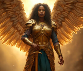 AI-generated holy archangel art — beautiful divine female angels with massive feathered wings and golden halos in cinematic celestial settings. UHD by Jeff Dupler.