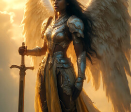 AI-generated holy archangel art — beautiful divine female angels with massive feathered wings and golden halos in cinematic celestial settings. UHD by Jeff Dupler.