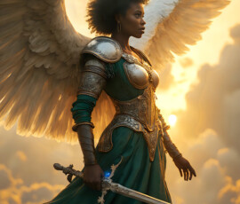 AI-generated holy archangel art — beautiful divine female angels with massive feathered wings and golden halos in cinematic celestial settings. UHD by Jeff Dupler.