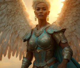 AI-generated holy archangel art — beautiful divine female angels with massive feathered wings and golden halos in cinematic celestial settings. UHD by Jeff Dupler.
