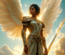 AI-generated holy archangel art — beautiful divine female angels with massive feathered wings and golden halos in cinematic celestial settings. UHD by Jeff Dupler.