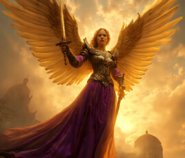AI-generated holy archangel art — beautiful divine female angels with massive feathered wings and golden halos in cinematic celestial settings. UHD by Jeff Dupler.