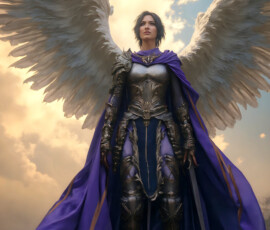 AI-generated holy archangel art — beautiful divine female angels with massive feathered wings and golden halos in cinematic celestial settings. UHD by Jeff Dupler.