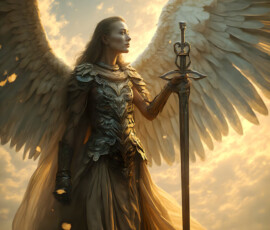 AI-generated holy archangel art — beautiful divine female angels with massive feathered wings and golden halos in cinematic celestial settings. UHD by Jeff Dupler.