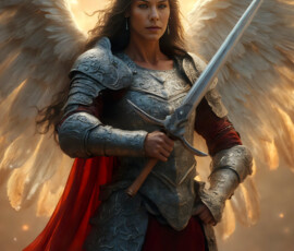 AI-generated holy archangel art — beautiful divine female angels with massive feathered wings and golden halos in cinematic celestial settings. UHD by Jeff Dupler.