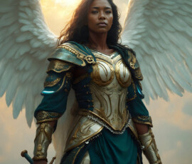 AI-generated holy archangel art — beautiful divine female angels with massive feathered wings and golden halos in cinematic celestial settings. UHD by Jeff Dupler.