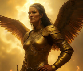 AI-generated holy archangel art — beautiful divine female angels with massive feathered wings and golden halos in cinematic celestial settings. UHD by Jeff Dupler.