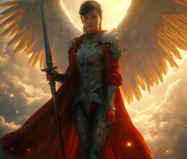 AI-generated holy archangel art — beautiful divine female angels with massive feathered wings and golden halos in cinematic celestial settings. UHD by Jeff Dupler.